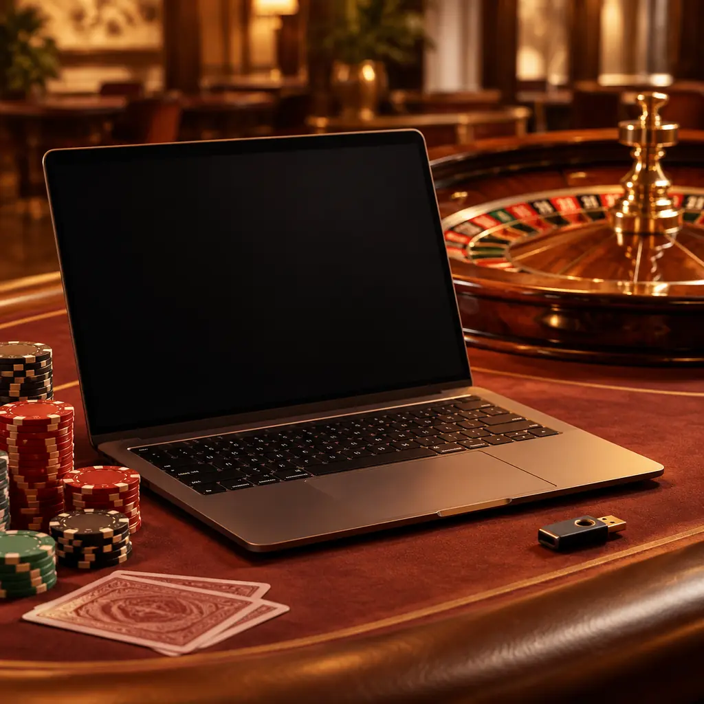 Laptop dan kunci keamanan di dekat roda roulette kasino