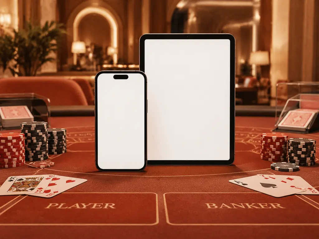 Ponsel dan tablet di dekat kartu dan chip meja baccarat