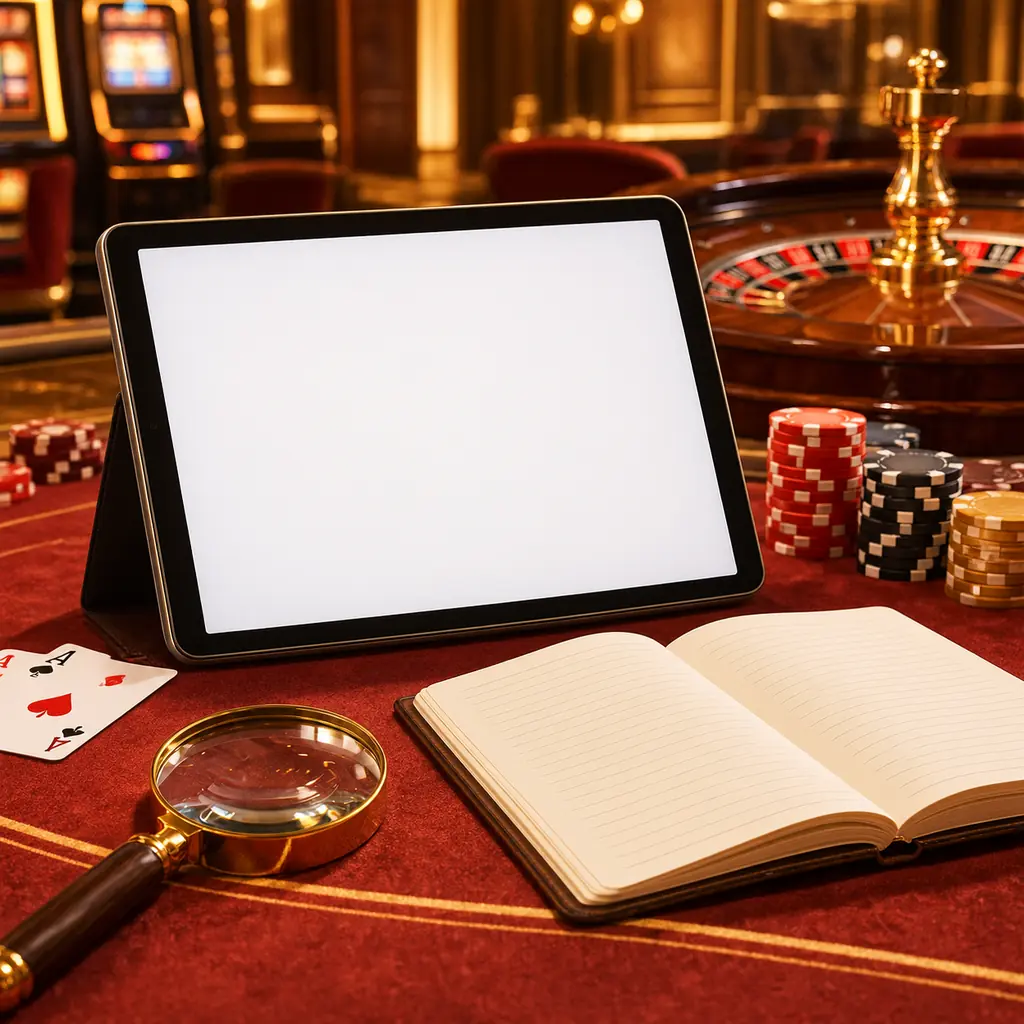Tablet, kaca pembesar dan catatan di meja permainan kasino