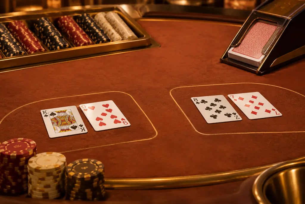 Susunan dua pasang kartu dan chip pada meja baccarat