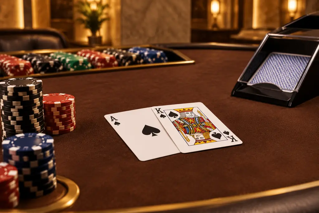 Meja blackjack dengan kartu as, kartu wajah dan tumpukan chip