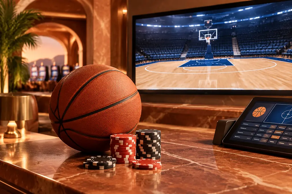 Bola basket di dekat chip dengan layar lapangan dalam ruang kasino