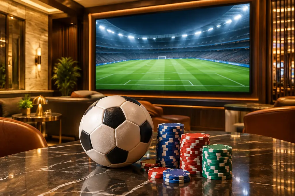 Bola sepak dan layar stadion di area hiburan kasino