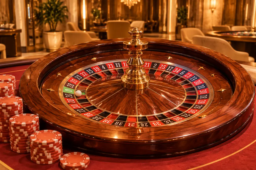 Roda roulette dan bola putih dengan chip di tepi meja